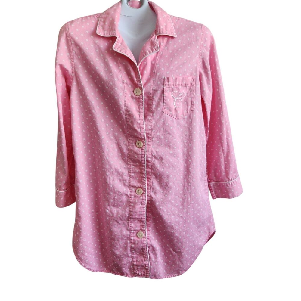 Chaps 100% Cotton NightShirt Pink Polka-Dot M Button Front Coquette Grandma core